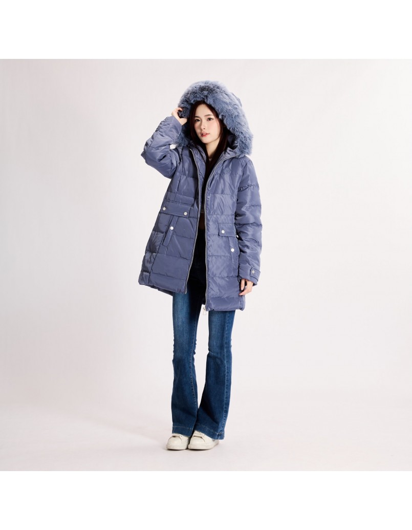 Women Winter Down Jacket with Furry Hood Blue