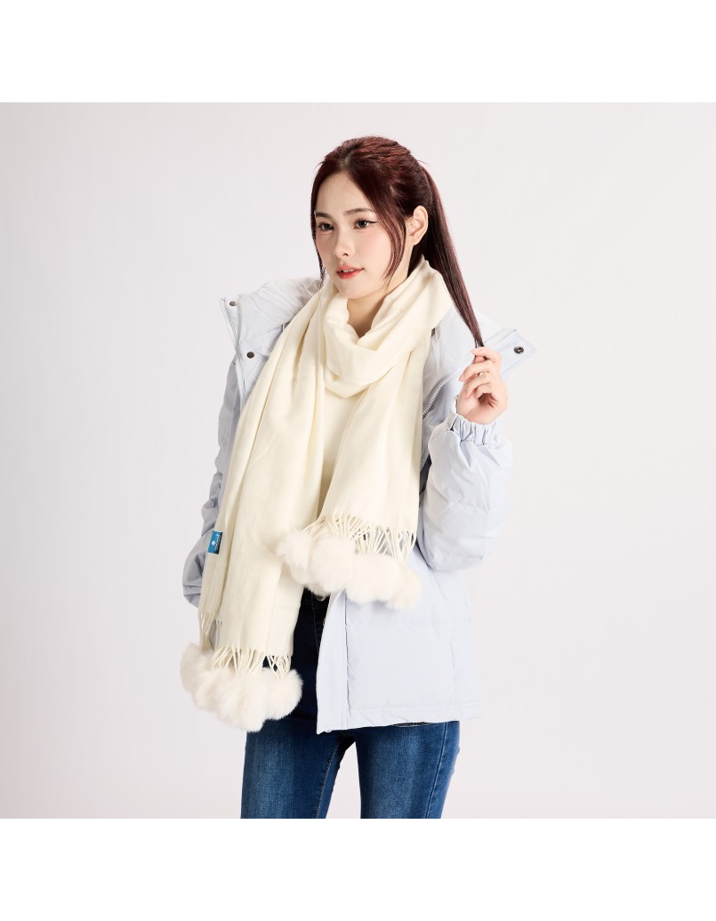 Puffy Pom Winter Shawl Beige